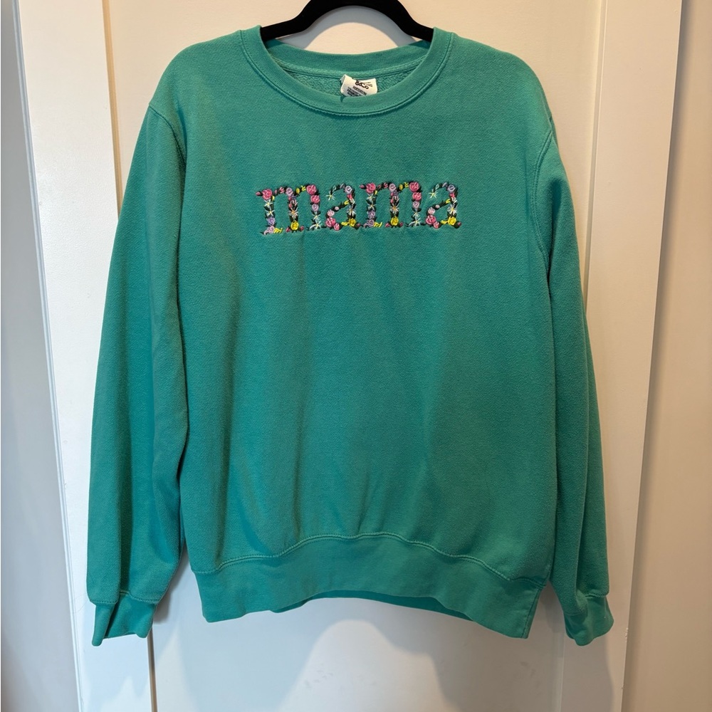 Women's Teal Sweater with Floral 'Mama' Design